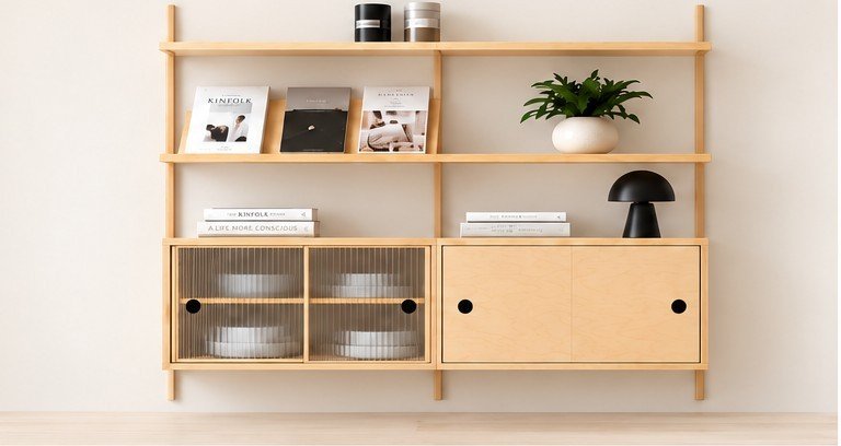 Birch plywood cabinet concept with ribbed glass fronts