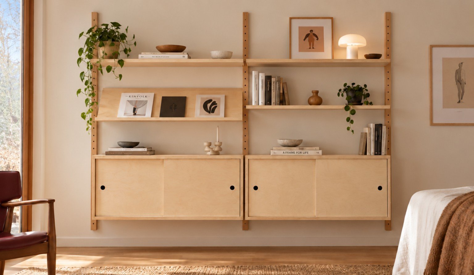 Atelier Scandia shelving styled with books, decorative objects and plants
